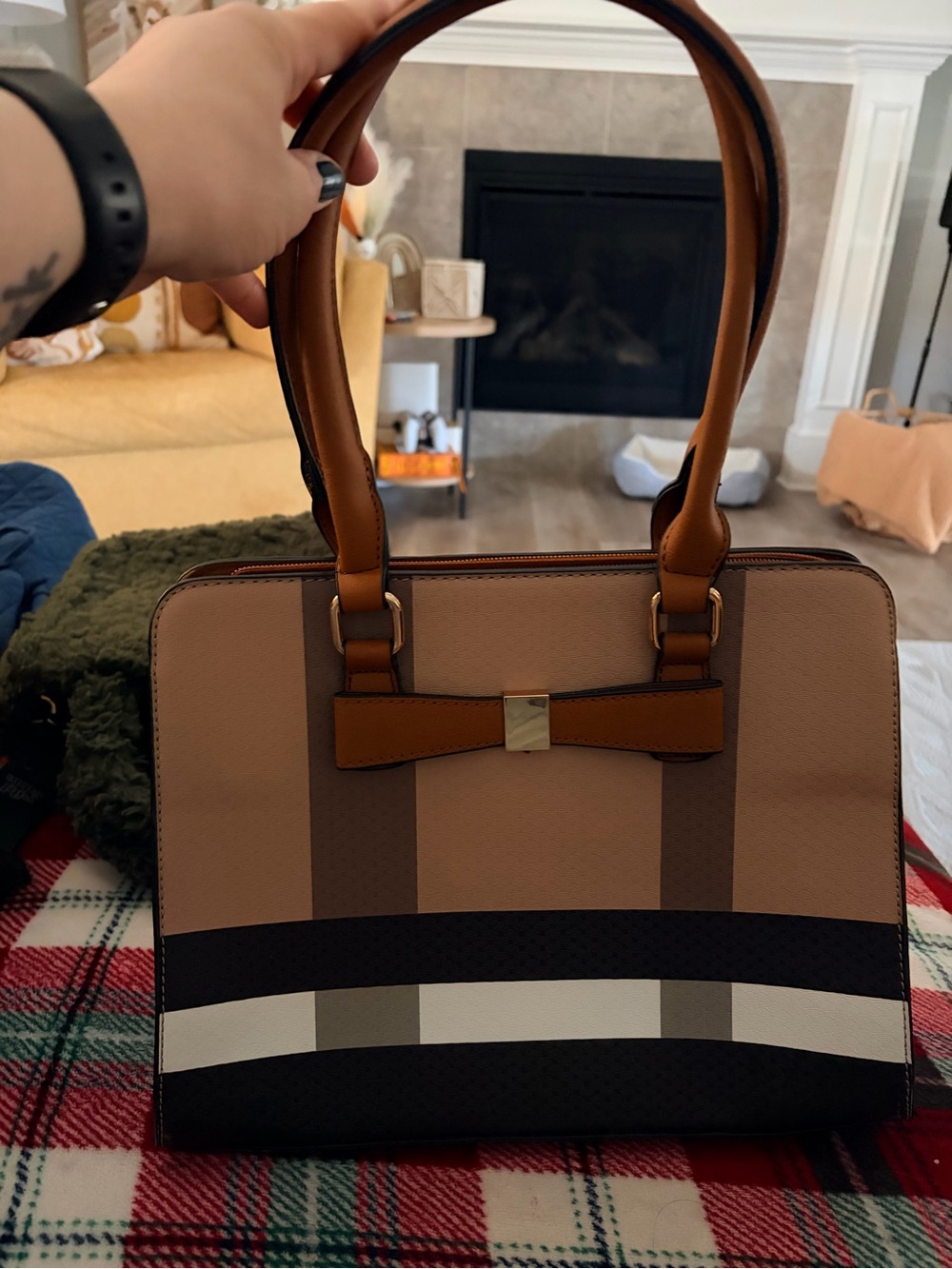 Striped Bow Detail Satchel in Tan and Black